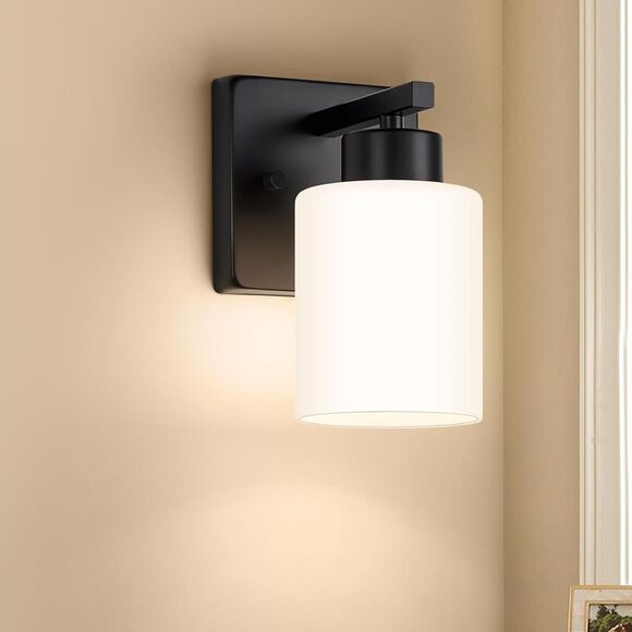 Bathroom Light Fixtures, Matte Black Wall Sconce with Milky White Glass Shade - Picture 2 of 8
